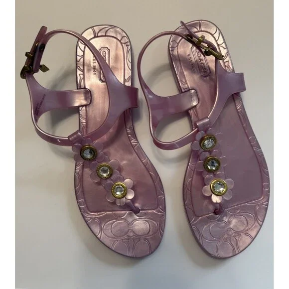 Signature Coach Paisley Flower Jelly Sandals Thong Slingback Shimmer Pink - Picture 1 of 3